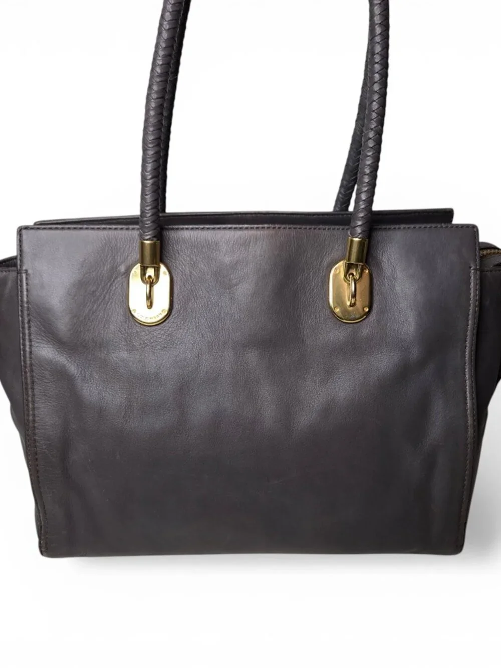 Cole Haan Benson Large Leather Tote Grey Braided Strap Gold Accents